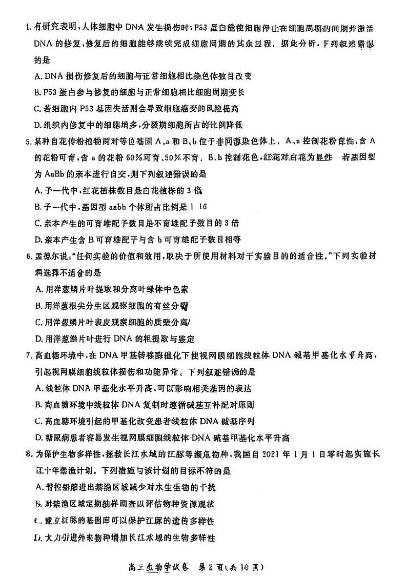 2025北京通州高三（上）期末生物试卷和参考答案第2页