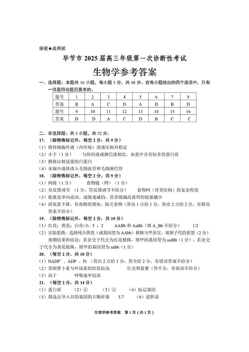 贵州省毕节市2025届高三上学期第一次诊断考试生物答案第1页
