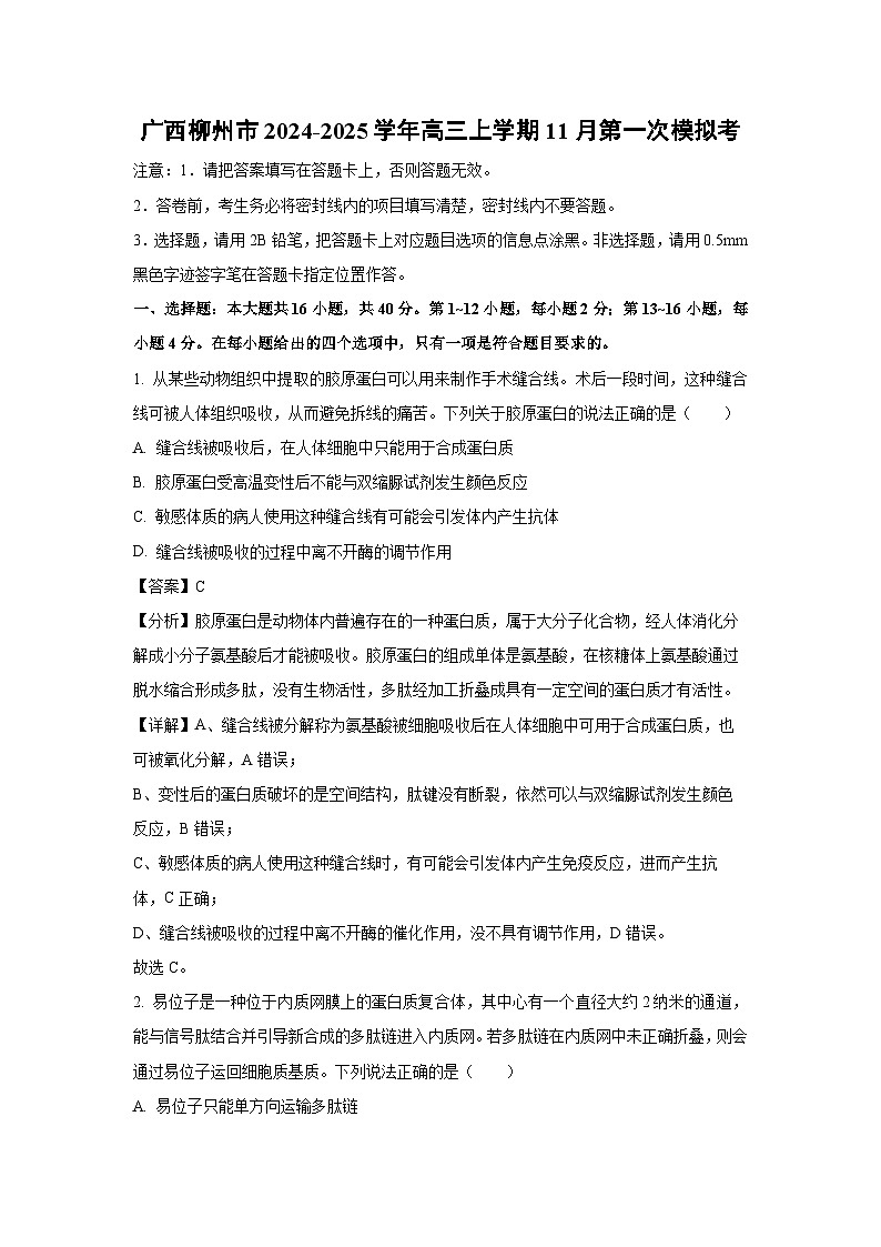 2024-2025学年广西柳州市高三上学期11月第一次模拟考生物试卷（解析版）第1页