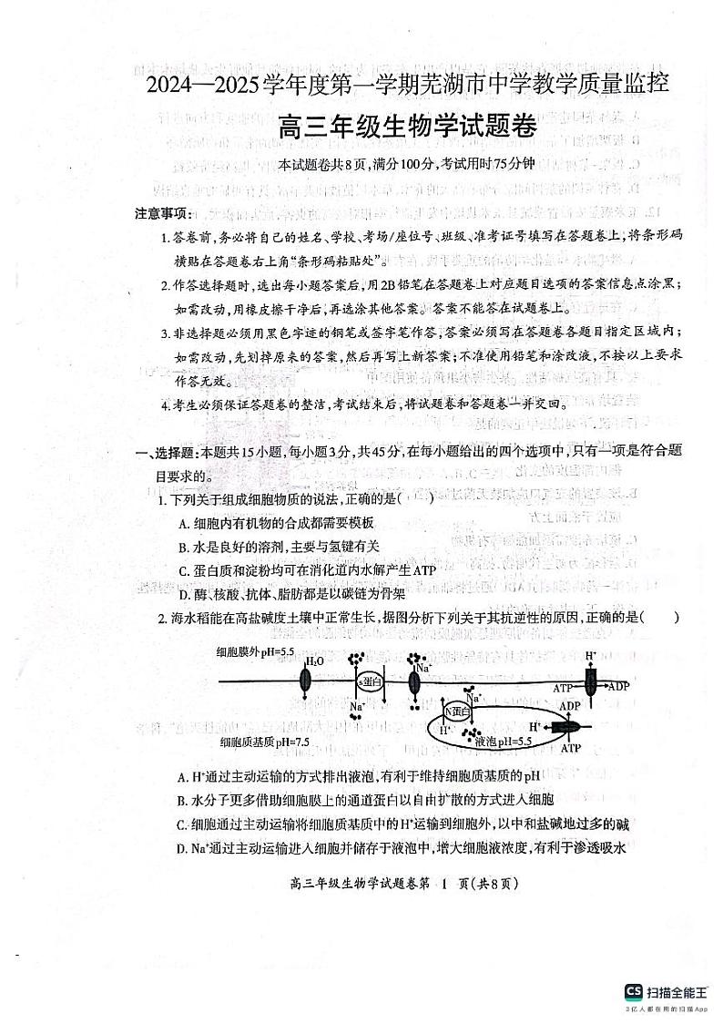 2025芜湖高三上学期1月期末考试生物PDF版含答案第1页