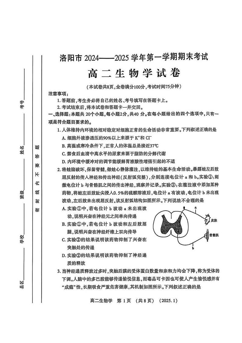洛阳市2024-2025学年高二上学期期末生物试卷及答案第1页