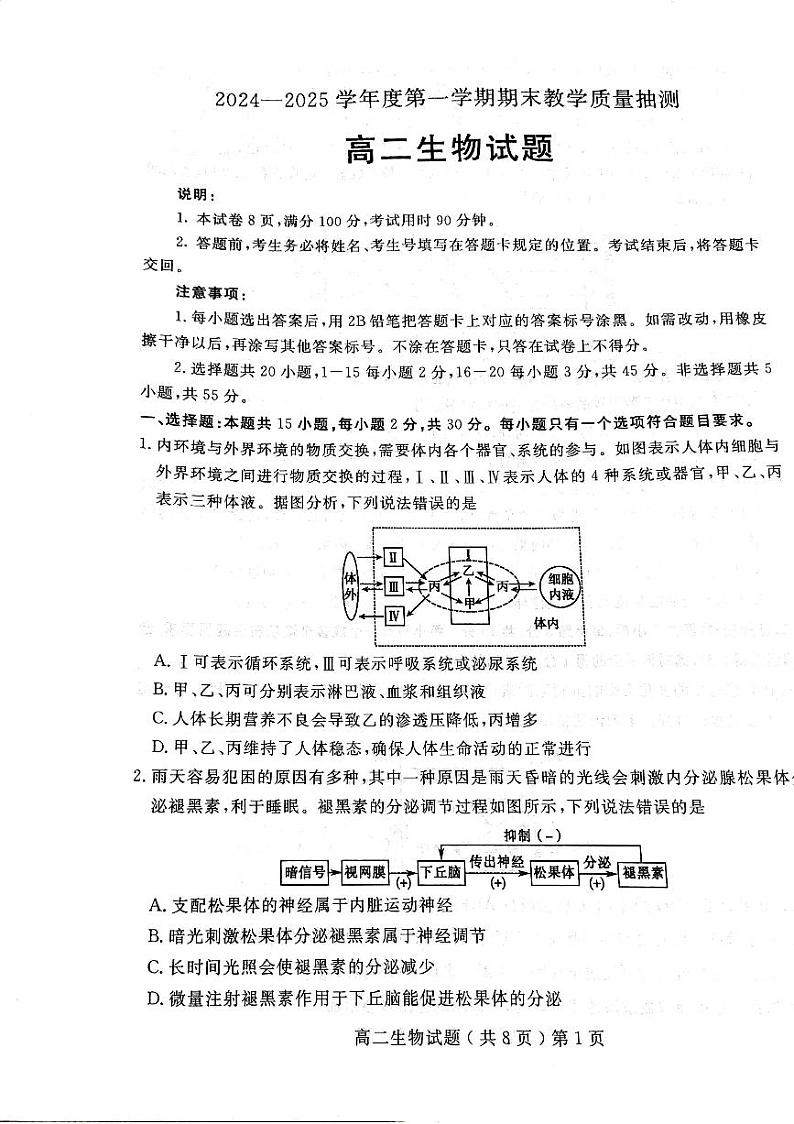 山东省聊城市2024-2025学年高二上学期1月期末生物试题第1页