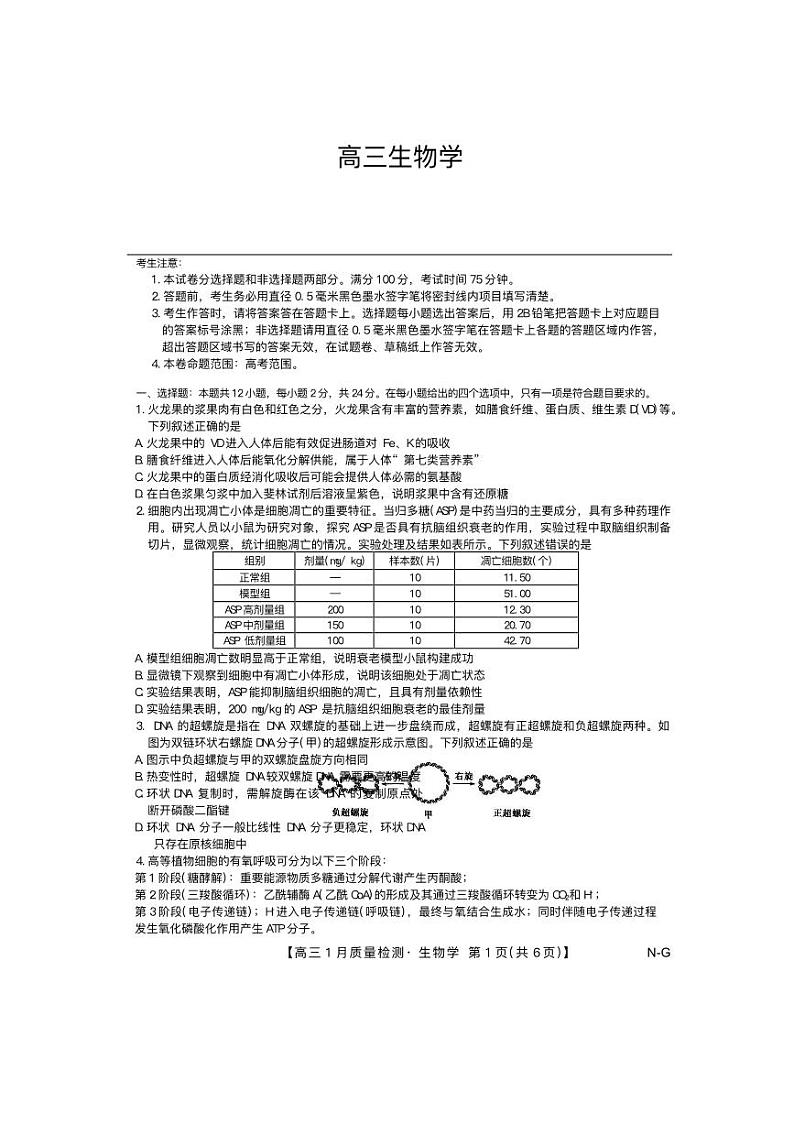 九师联盟2024—2025学年高三上学期期末考试生物试题第1页