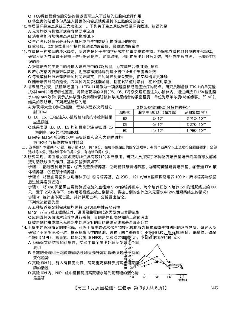 九师联盟2024—2025学年高三上学期期末考试生物试题第3页