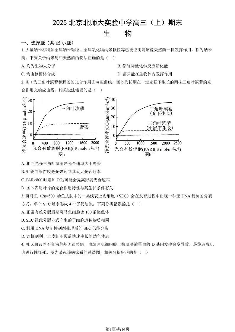 2025北京北师大实验中学高三（上）期末生物试卷（教师版）第1页