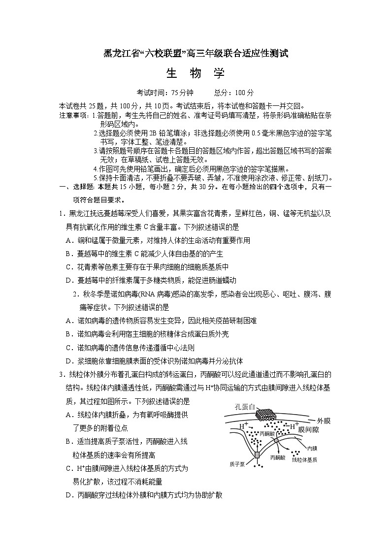 黑龙江省“六校联盟”2025届高三上学期联合适应性考试生物第1页