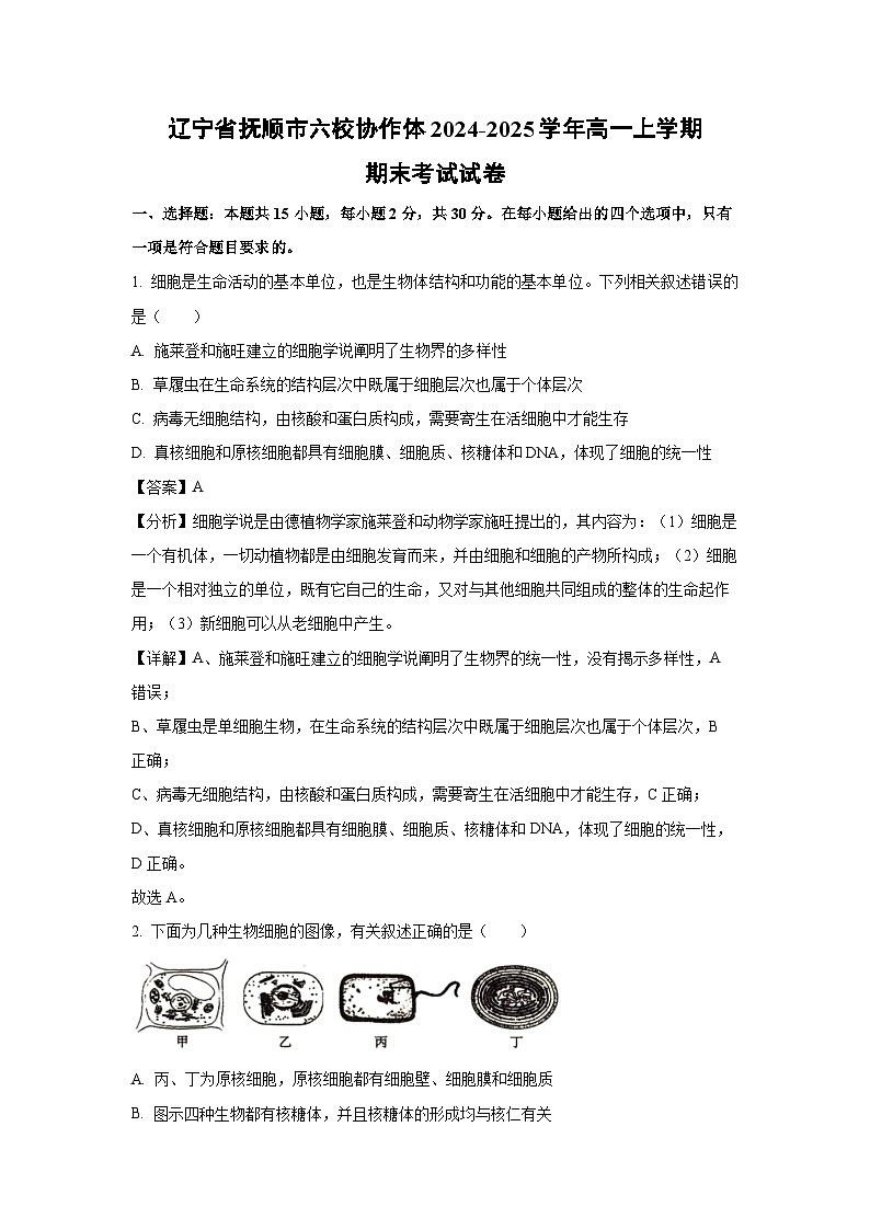 辽宁省抚顺市六校协作体2024-2025学年高一上学期期末考试生物试题（解析版）第1页