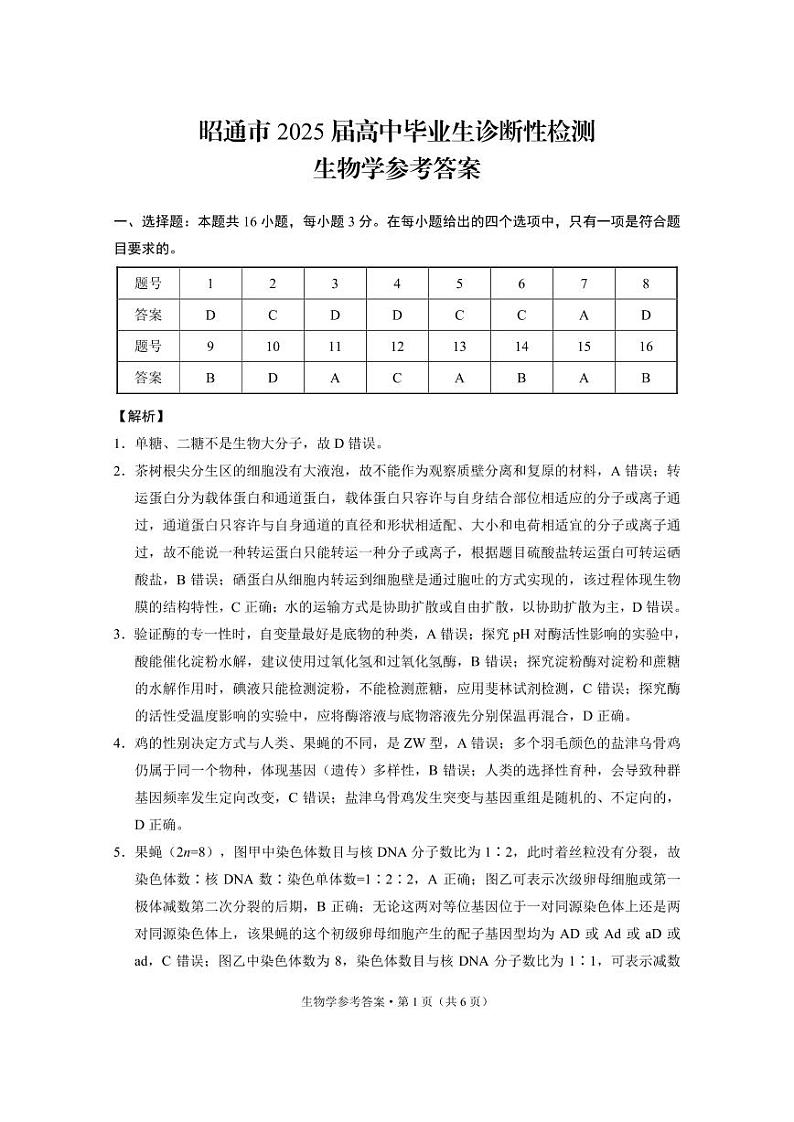 云南省昭通市2025届高三上学期1月毕业生诊断性检测生物答案第1页