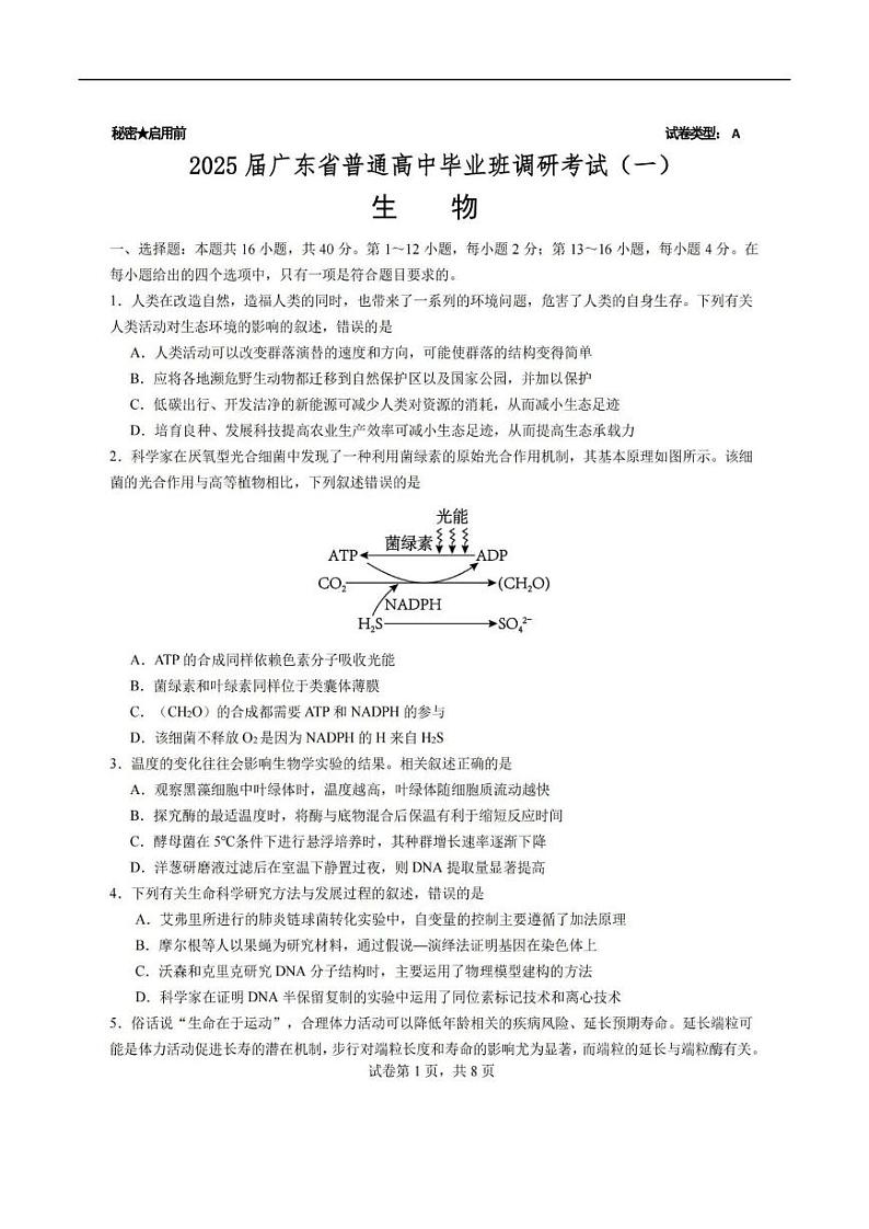 2025届广东省高三上学期第一次调研考试生物试题第1页