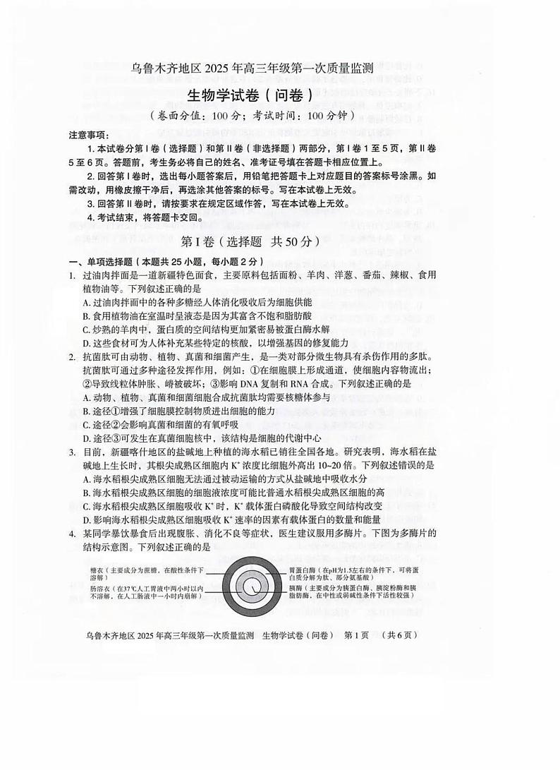 新疆乌鲁木齐地区2025届高三上学期第一次质量监测生物试卷（PDF版附答案）第1页