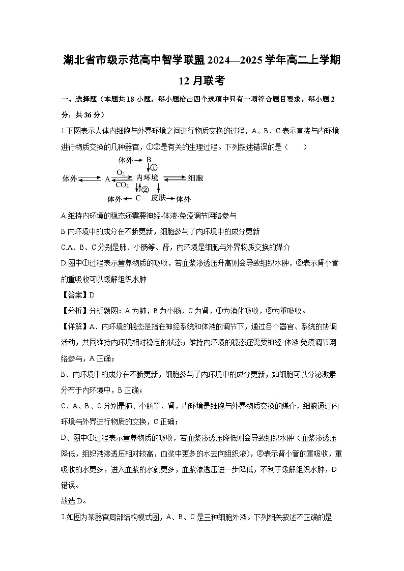 湖北省市级示范高中智学联盟2024—2025学年高二上学期12月联考生物试卷（解析版）第1页
