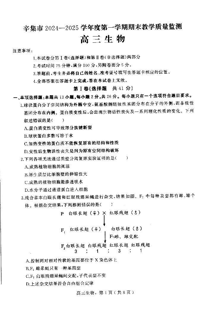 河北省石家庄市辛集市2025届高三上学期1月期末生物第1页