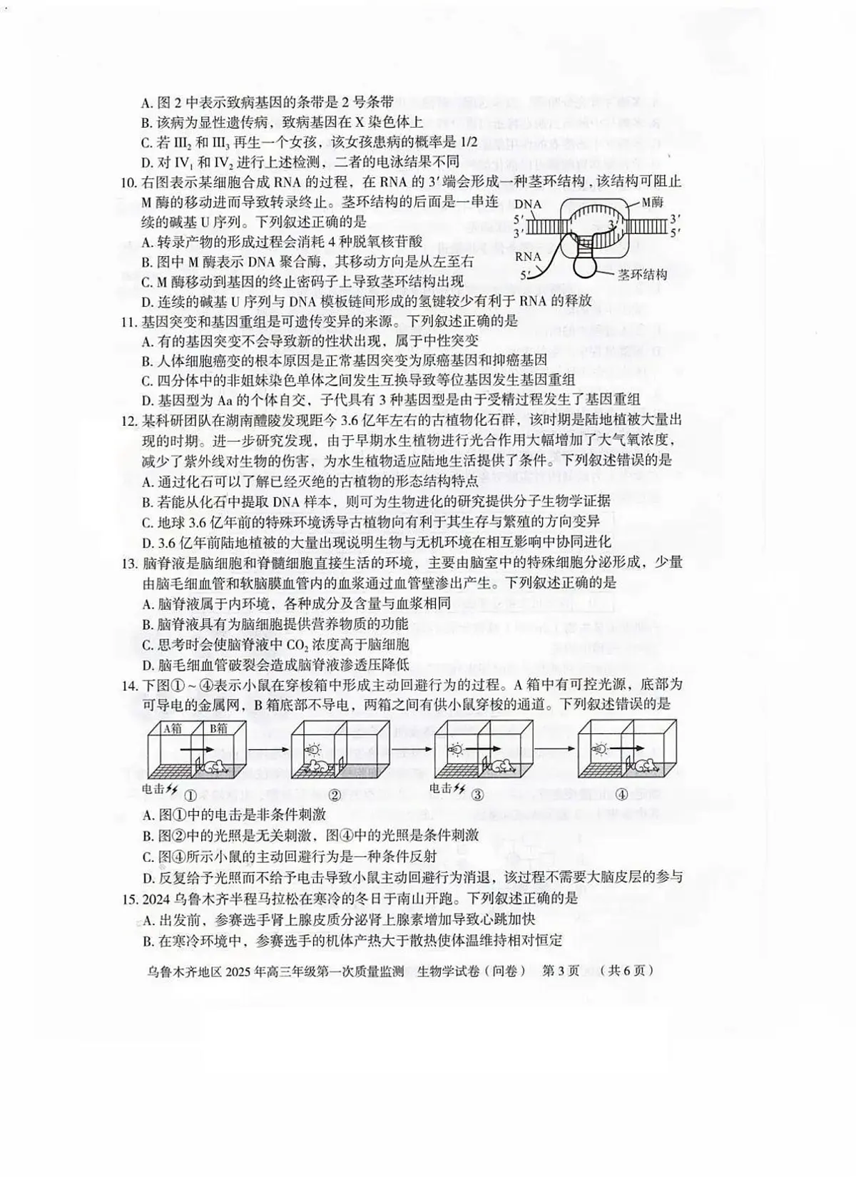 2025乌鲁木齐地区高三上学期第一次质量监测试题生物PDF版含答案第3页