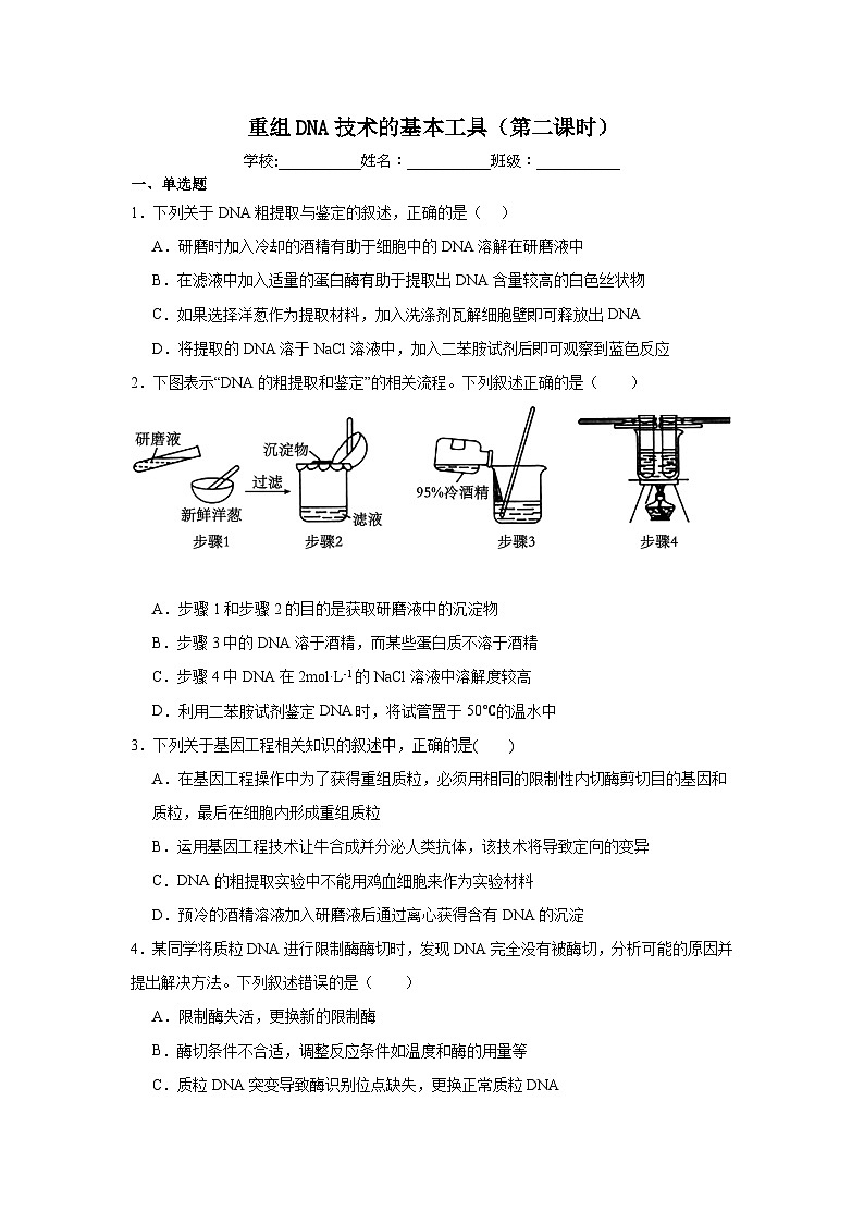 3.1.2第三章第一节  重组DNA技术的基本工具（第二课时） 同步练习（含答案）第1页