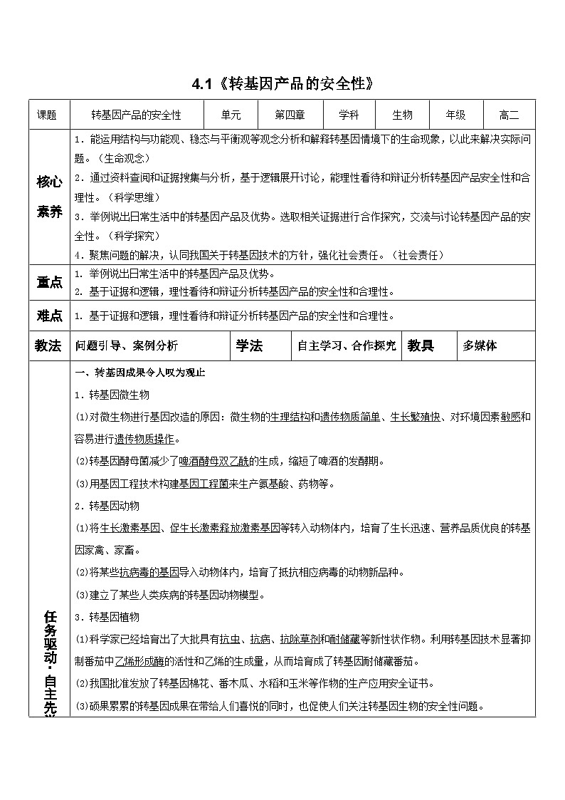 4.1转基因产品的安全性 教案（表格式）第1页