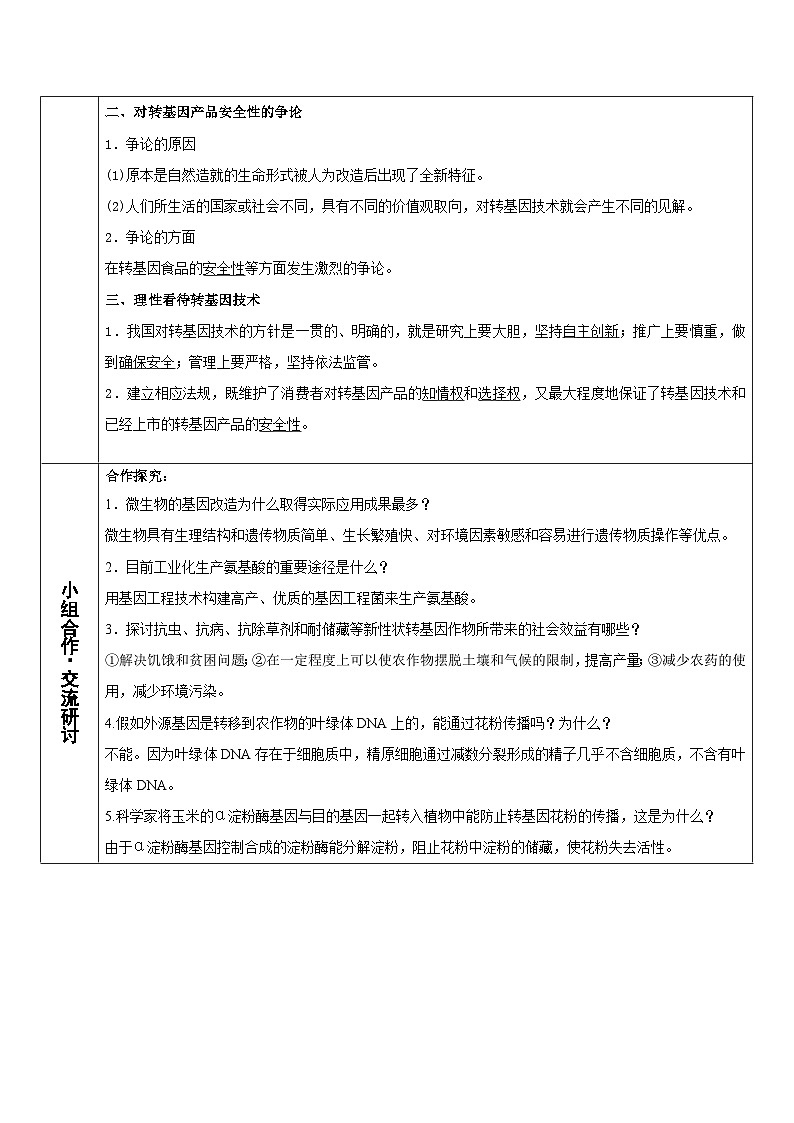 4.1转基因产品的安全性 教案（表格式）第2页