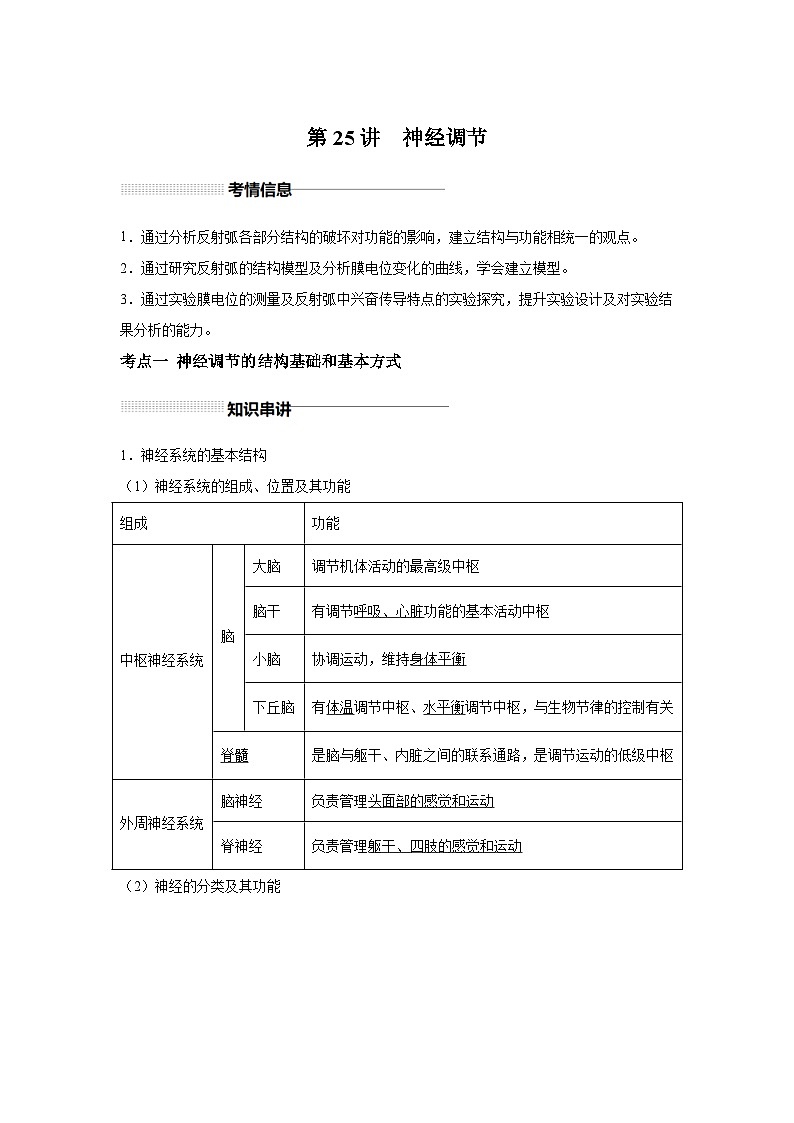 高中生物一轮复习讲练第25讲神经调节含解析答案第1页