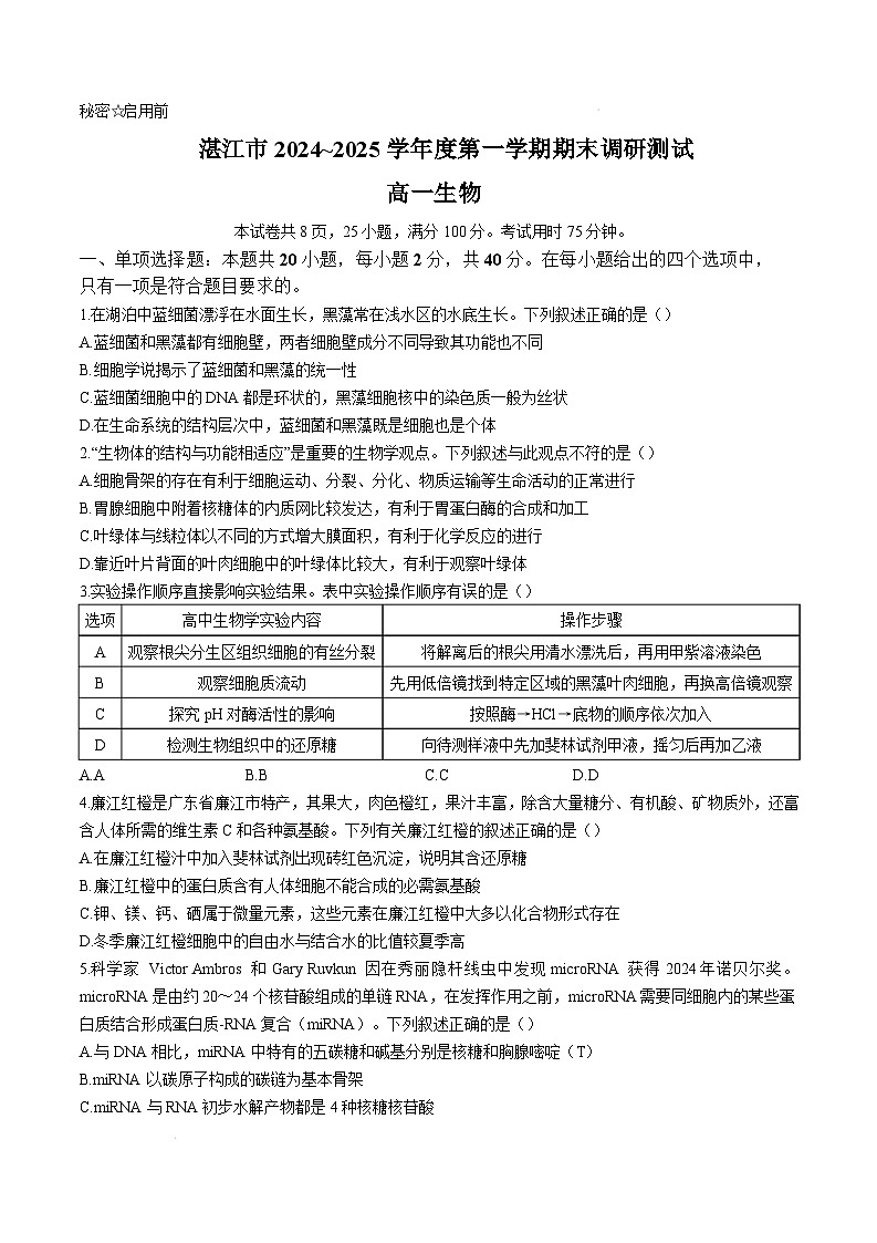 广东省湛江市2024-2025学年高一上学期期末调研考试生物试卷第1页