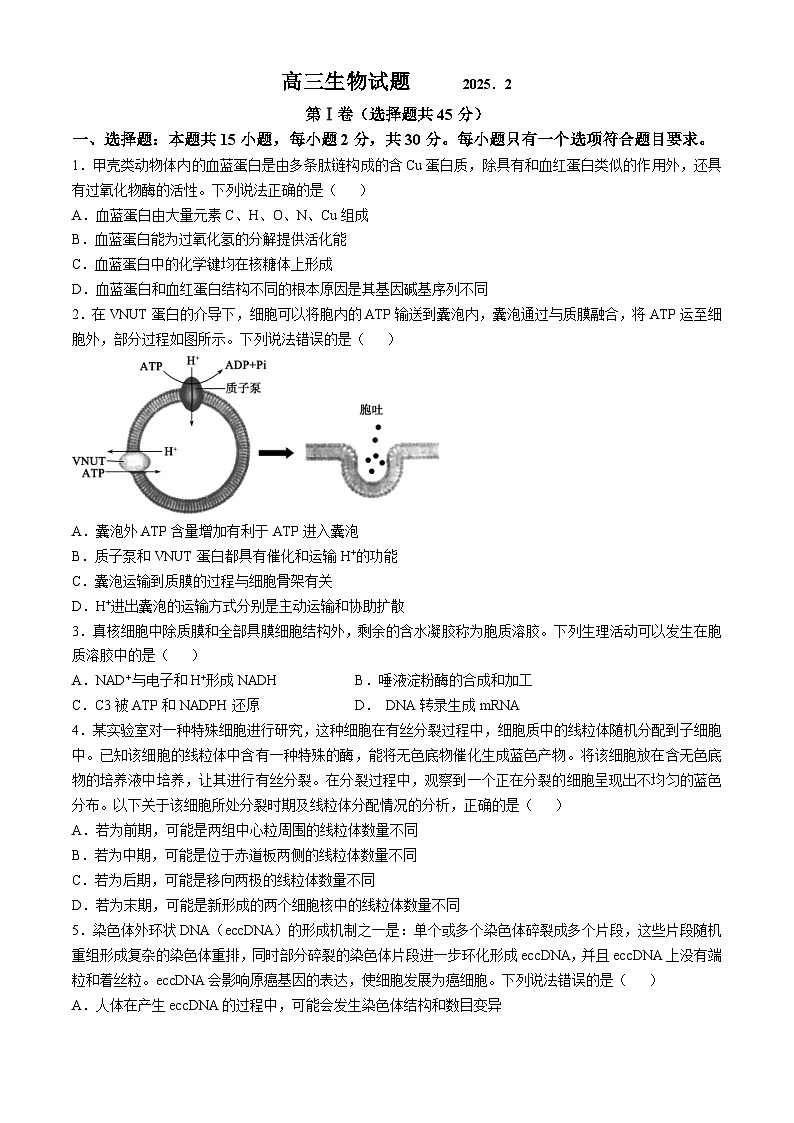 山东省德州市2024-2025高三下学期2月开学考试生物试卷及答案第1页