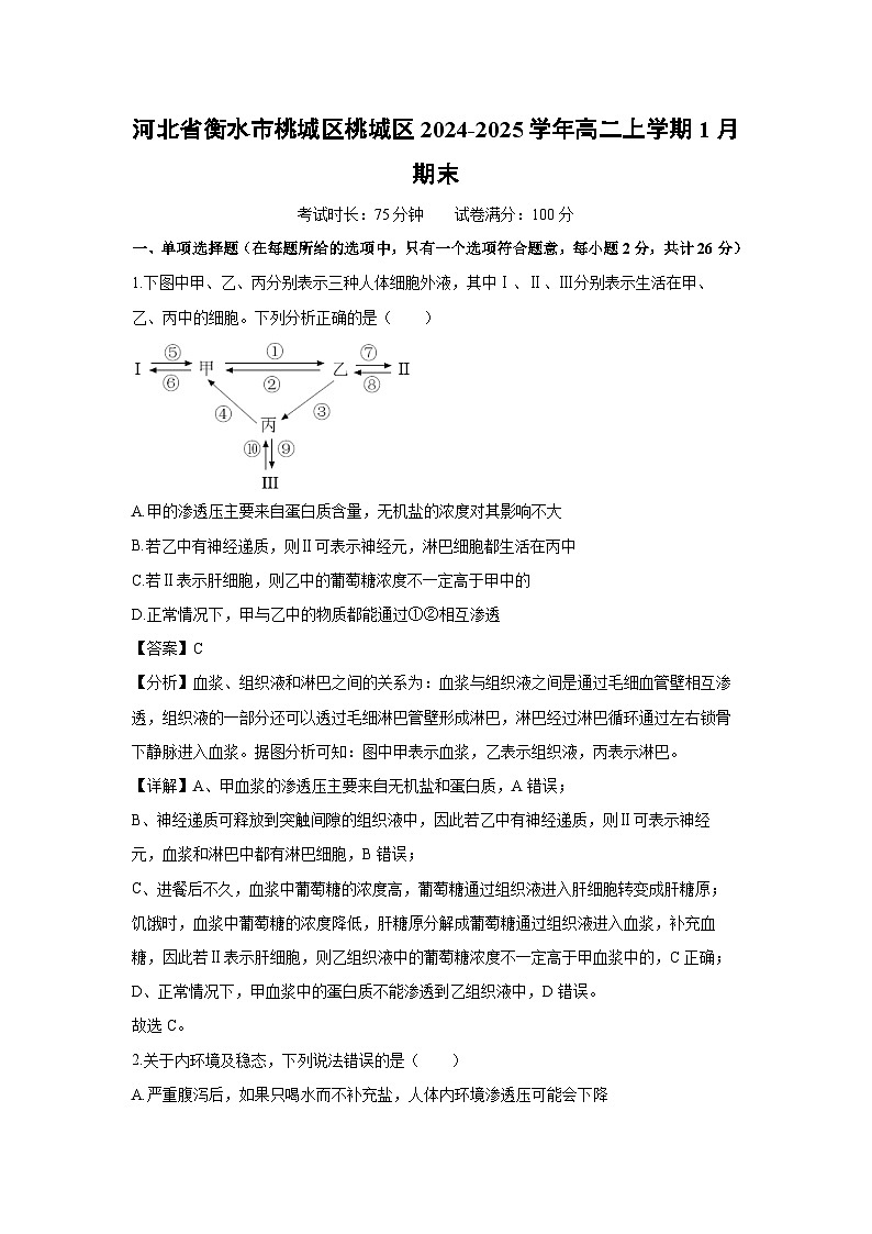 河北省衡水市桃城区桃城区2024-2025学年高二上学期1月期末生物试题（解析版）第1页