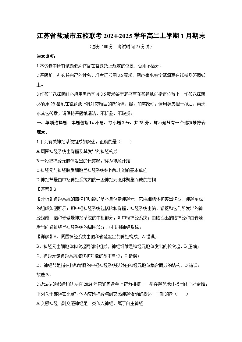 江苏省盐城市五校联考2024-2025学年高二上学期1月期末生物试题（解析版）第1页