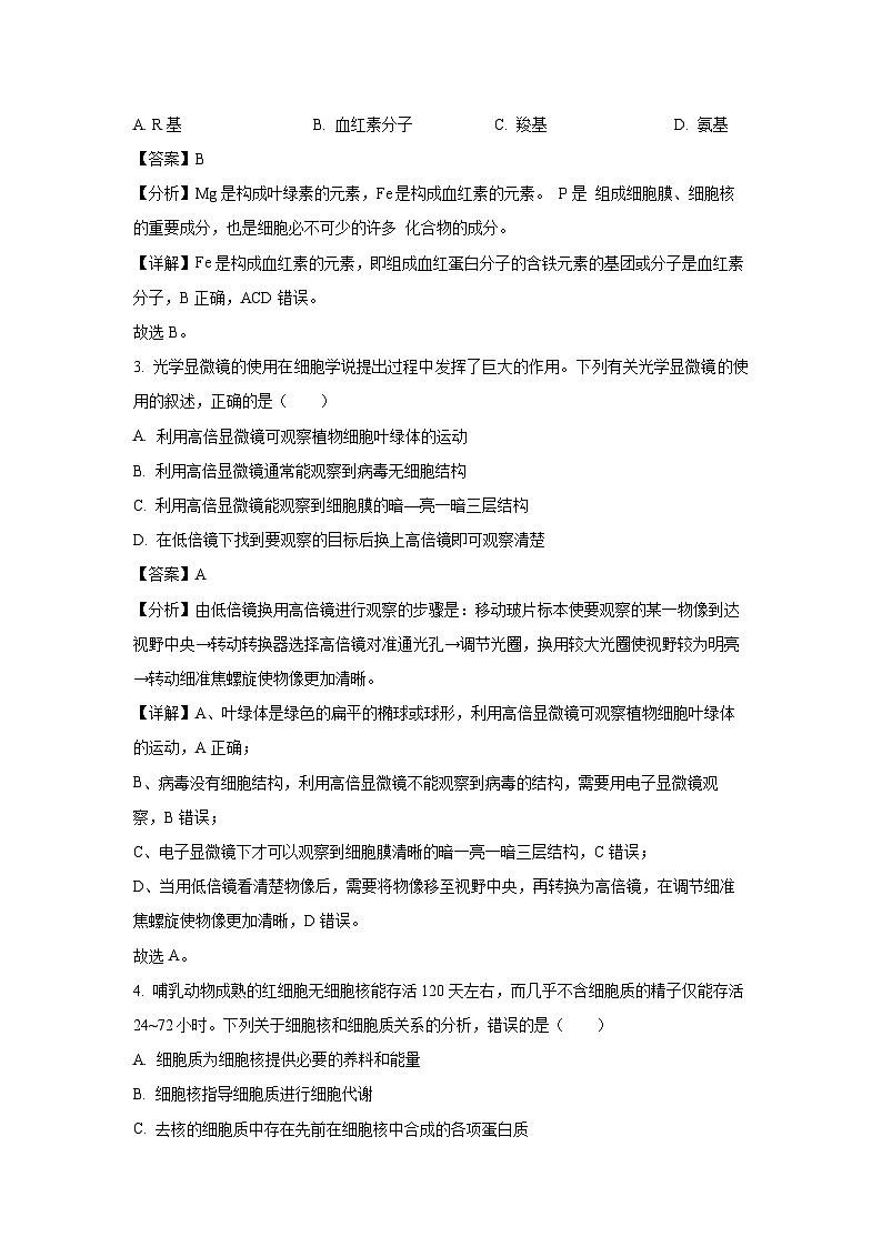 四川省雅安市名校2024-2025学年高一上学期期末教学质量检测生物试题（解析版）第2页