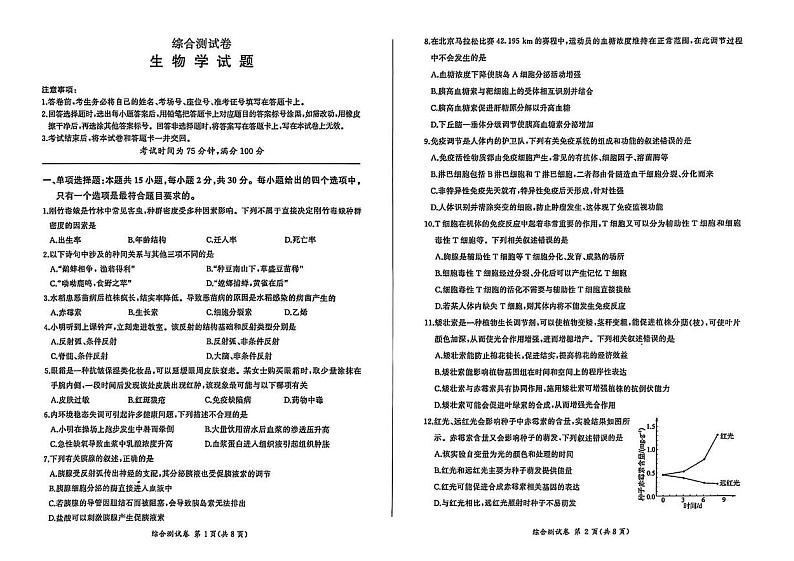 黑龙江省龙东地区2024-2025学年高二上学期期末考试生物试卷第1页