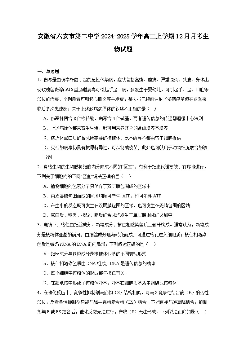 安徽省六安市第二中学2024-2025学年高三上学期12月月考 生物试题（含解析）第1页