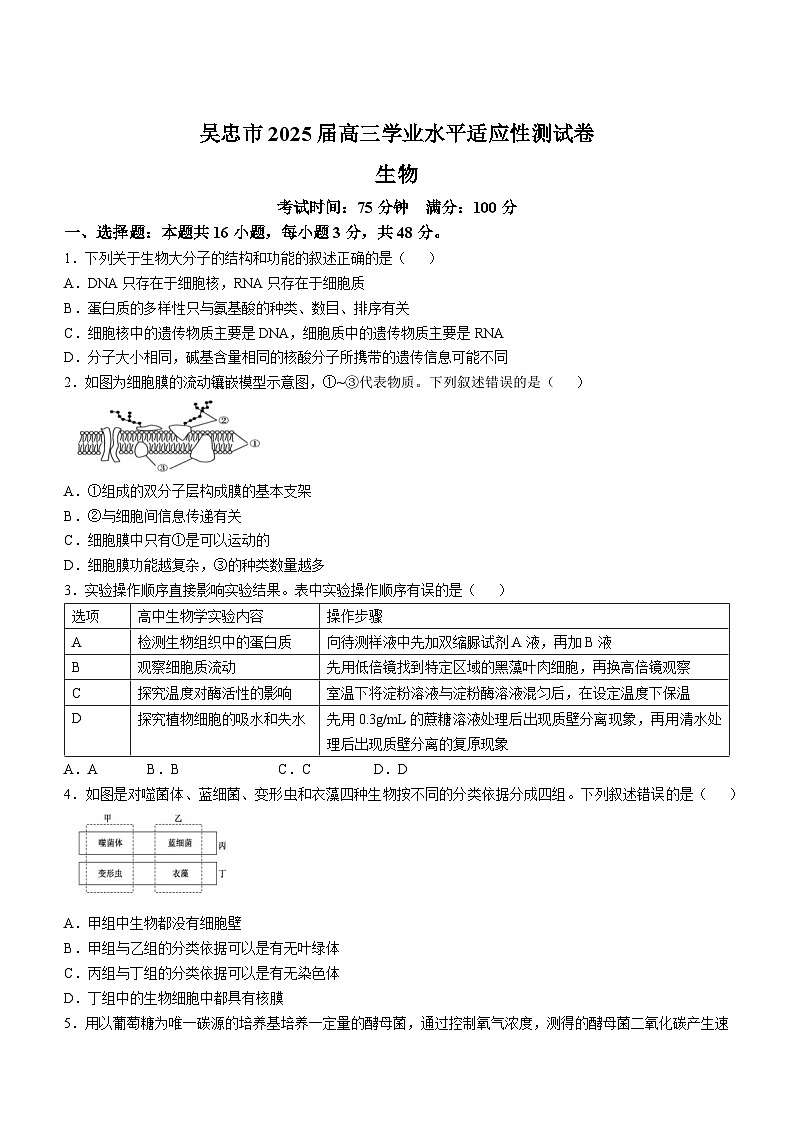 宁夏吴忠市2025届高三上学期学业水平适应性考试 生物试题第1页