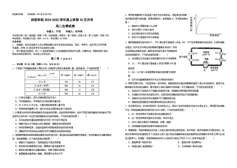 云南省昆明市呈贡区西联学校昆明西南联大研究院附属学校2024-2025学年高二上学期10月月考生物试卷第1页