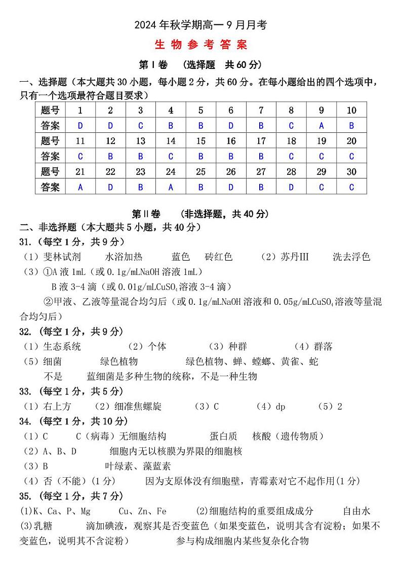 2024年秋学期高一年级9月月考生物答案第1页