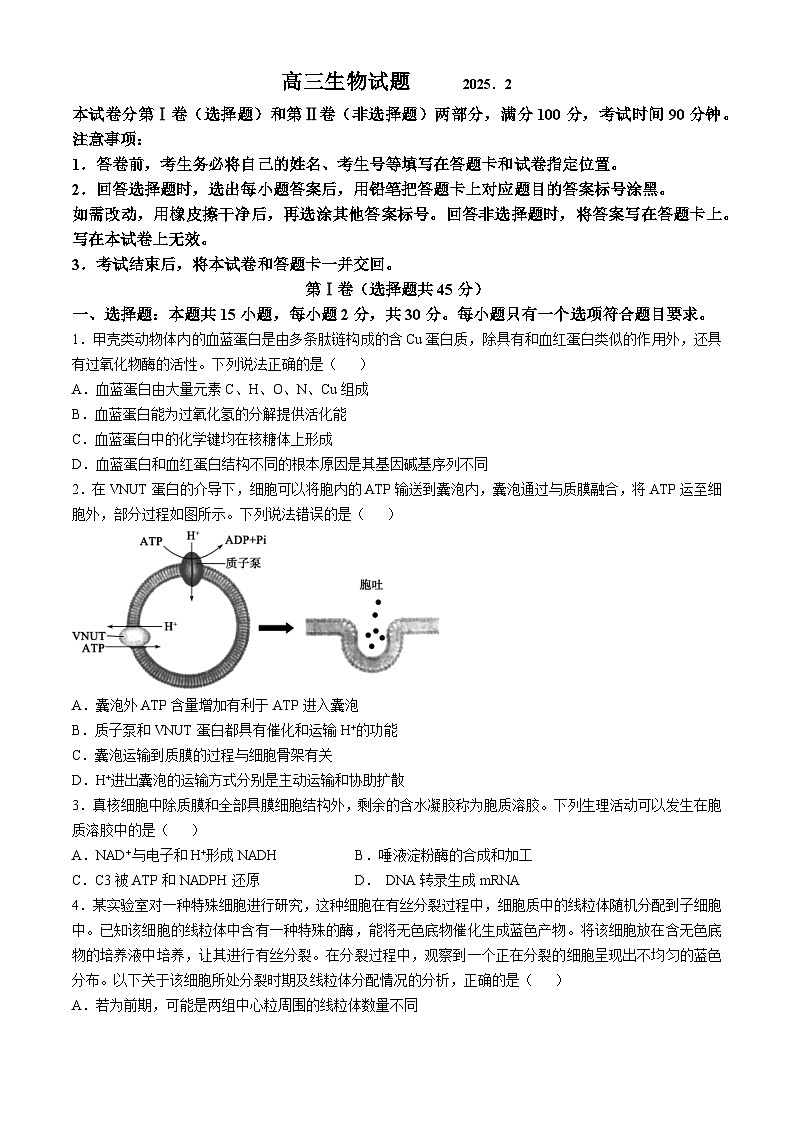 2025德州高三下学期2月开学考试生物含答案第1页