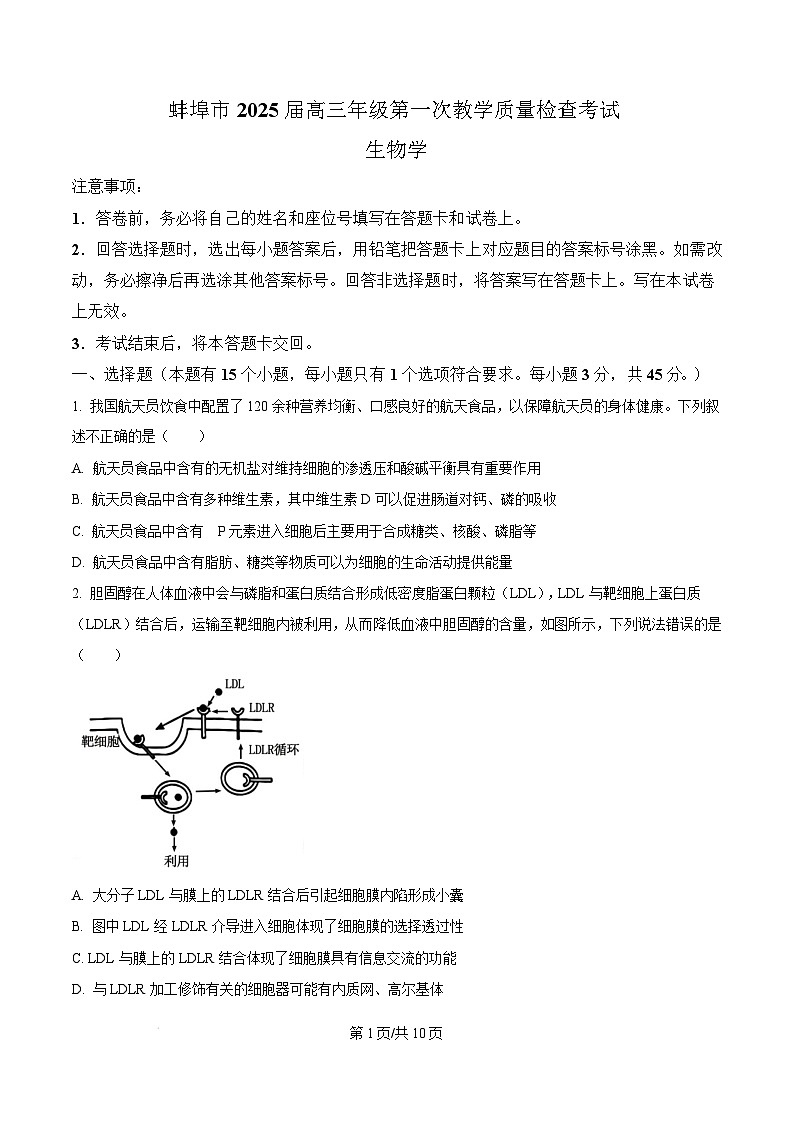 2025届安徽省蚌埠市高三年级第一次教学质量检查考试生物试题无答案第1页