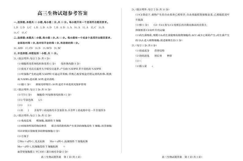 山东省德州市2024-2025学年高三上学期1月期末考试生物答案第1页