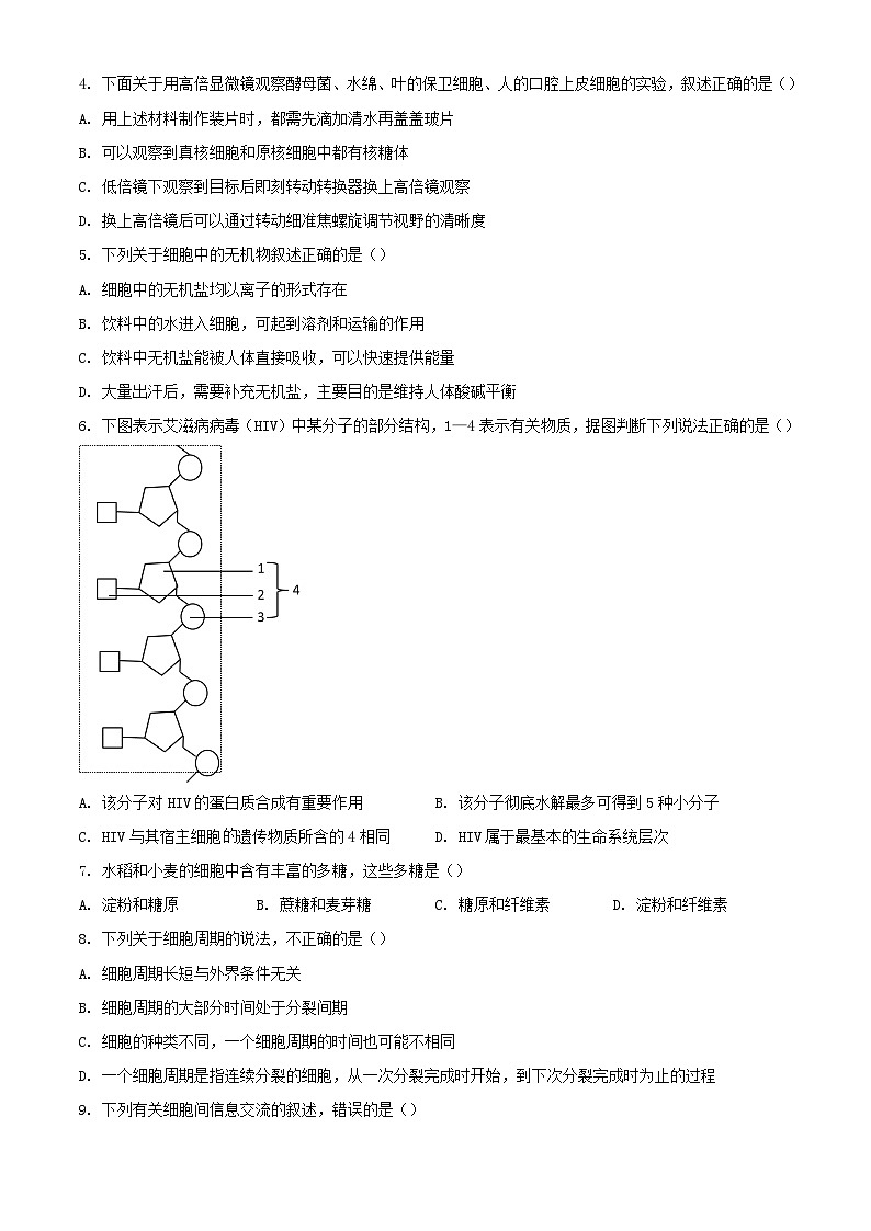 山东省济南市2023_2024学年高一生物上学期1月期末考试含解析第2页