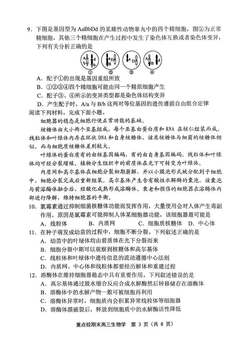 天津市五区县重点校2024-2025学年高三上学期1月期末生物试题第3页