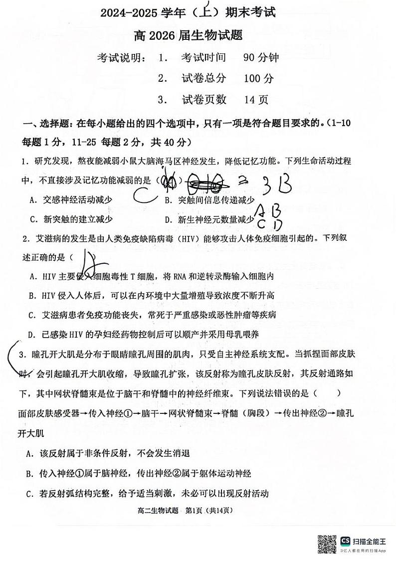 重庆市主城七校联考2024-2025学年高二上学期期末考试生物试题第1页