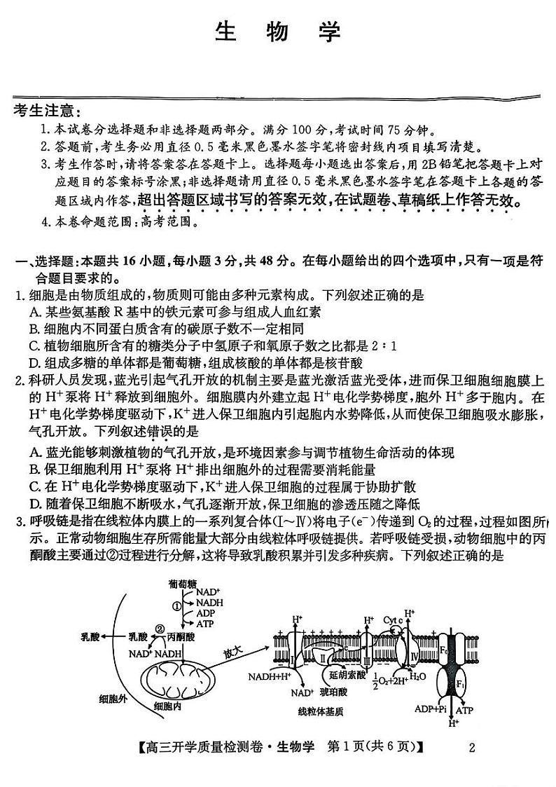 山西省卓越联盟2024-2025学年高三下学期2月开学质量检测生物试题（PDF版附解析）第1页