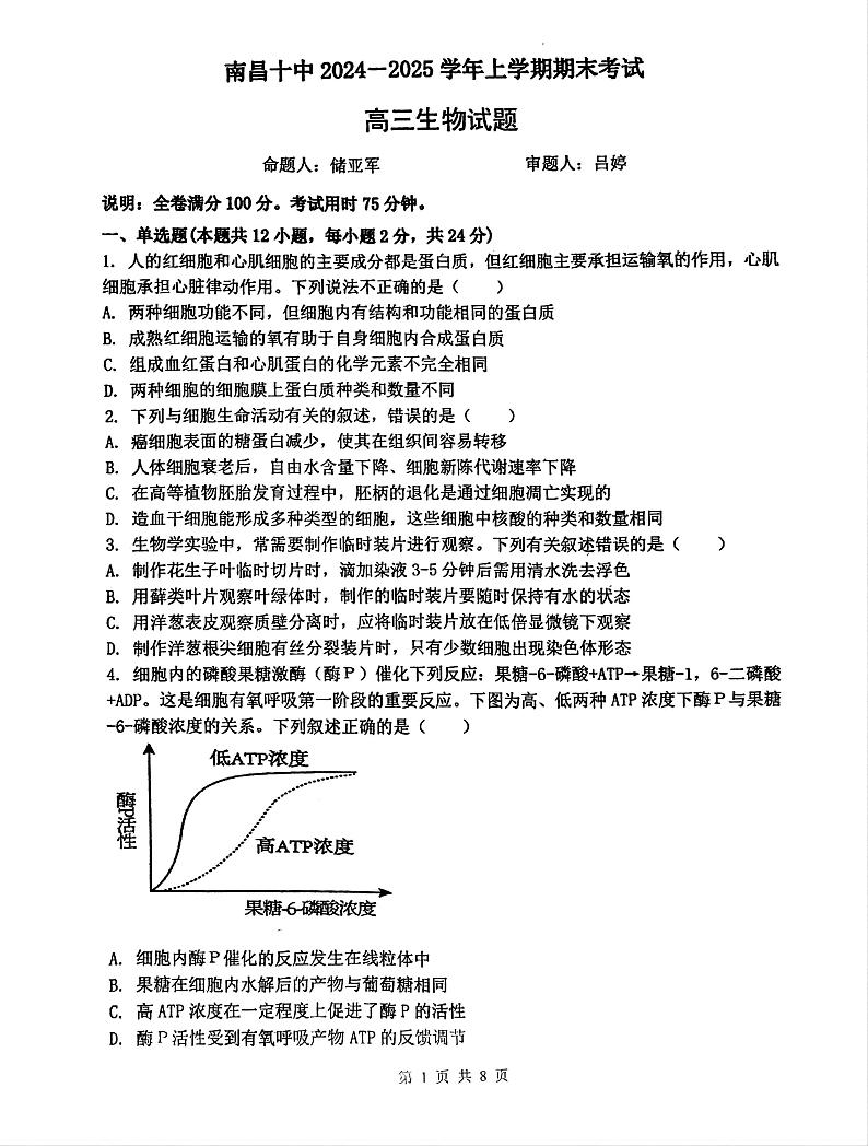 江西省南昌市第十中学2024—2025学年高三上学期期末考试生物试题第1页