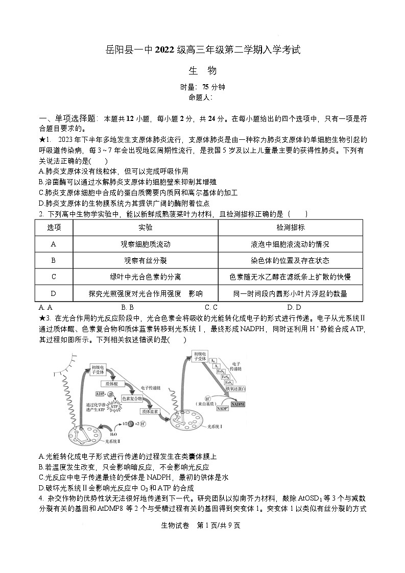 湖南省岳阳县第一中学2024-2025学年高三下学期入学考试生物试题第1页