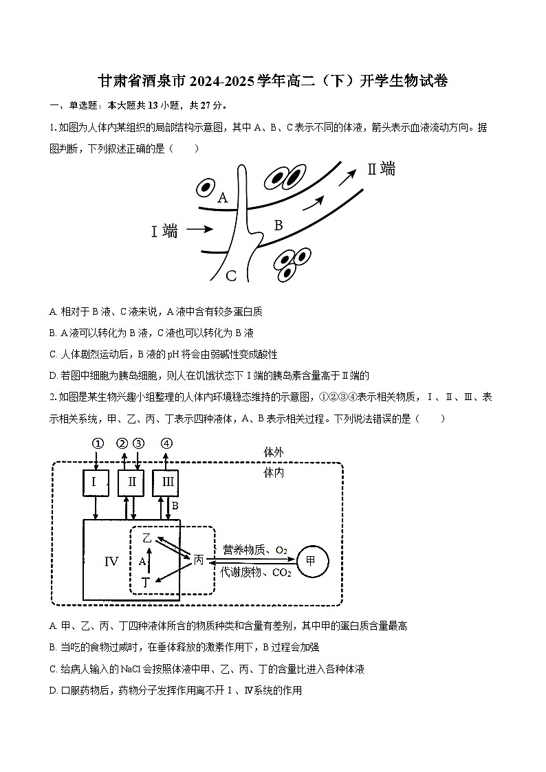 甘肃省酒泉市2024-2025学年高二（下）开学生物试卷-（含解析）第1页