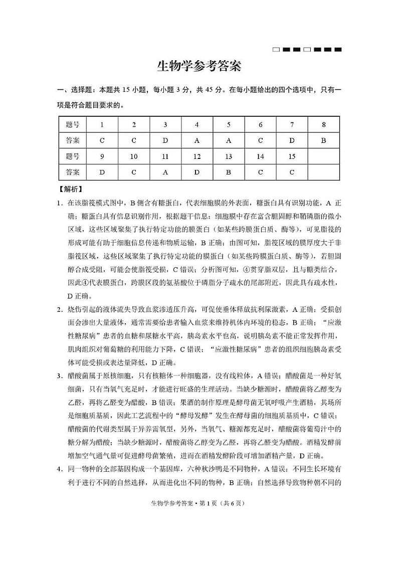 巴蜀中学高三2月月考 巴蜀中学2025届高考适应性月考卷（五）生物-答案第1页