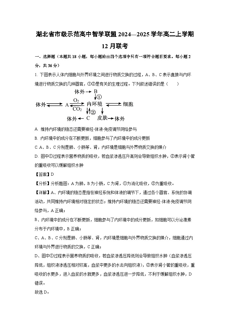 湖北省市级示范高中智学联盟2024—2025学年高二上学期12月联考生物试卷（解析版）第1页