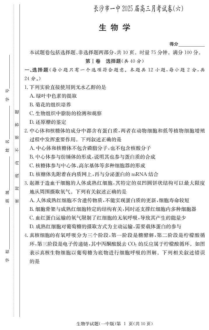 生物丨炎德·英才大联考湖南省长沙市一中2025届高三下学期2月月考试卷（六）生物试卷及答案第1页