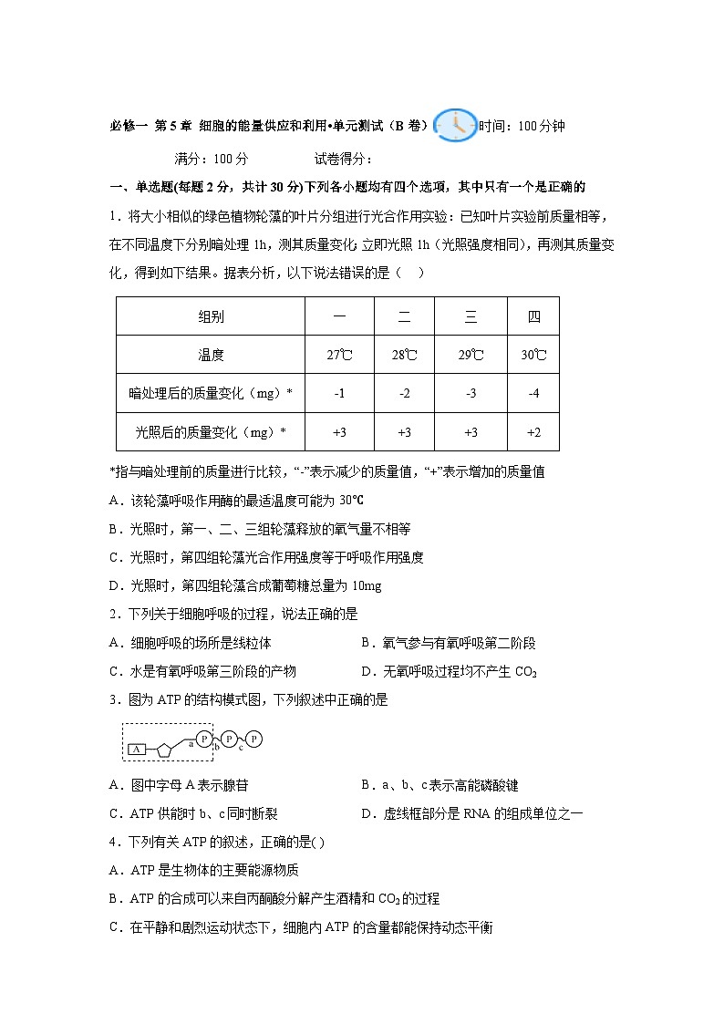 高中生物单元分层过关检测必修一第5章细胞的能量供应和利用单元测试（B卷）含答案第1页