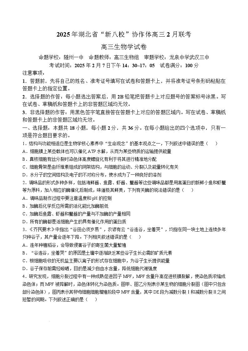 湖北省新八校协作体2024-2025学年高三下学期2月联考生物试卷（Word版附解析）第1页