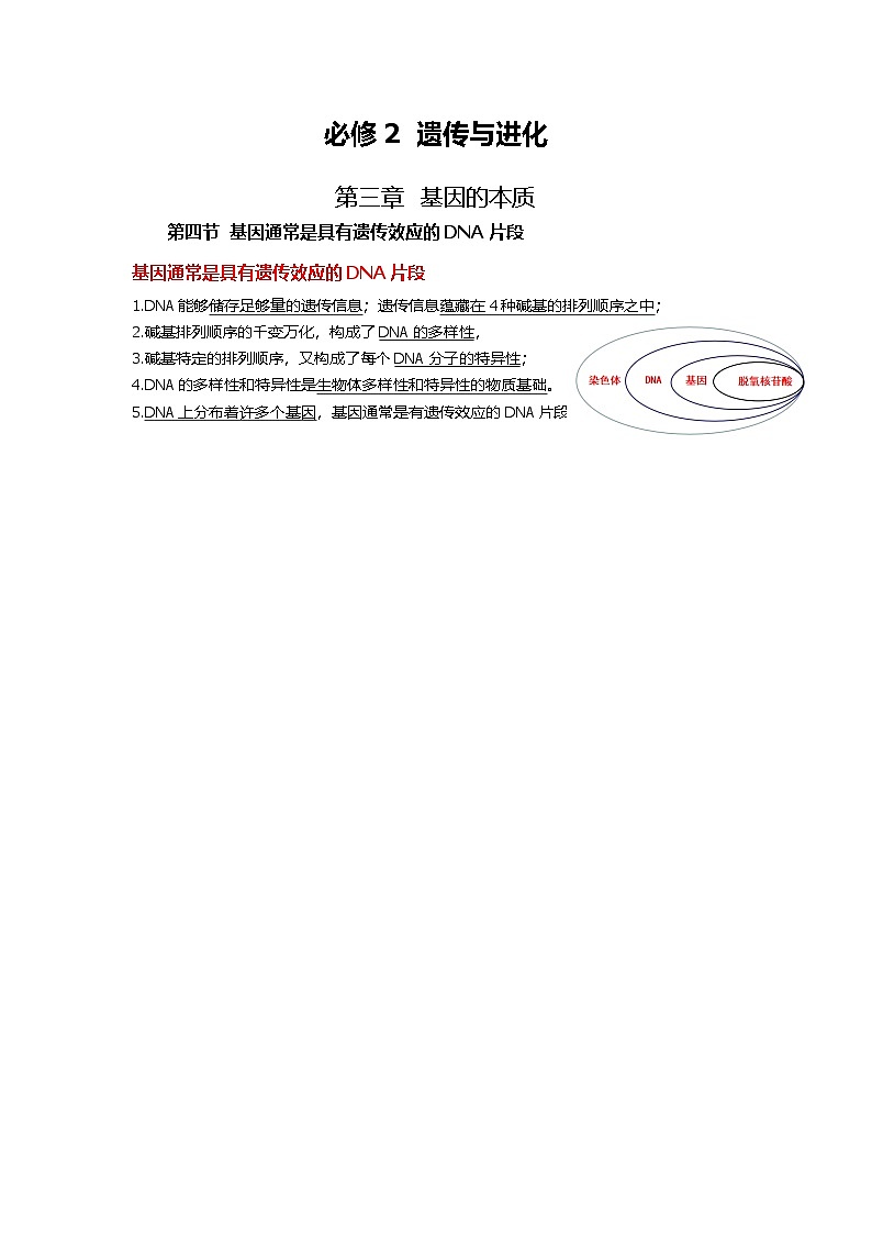 人教版（2019）高中生物必修二 第三章 第四节 基因通常是有遗传效应的DNA片段 知识清单第1页
