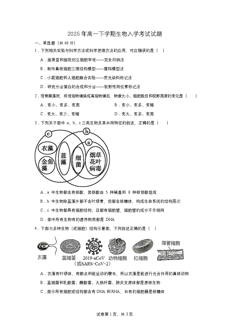 湖南省岳阳市汨罗市第一中学2024-2025学年高一下学期开学考试生物试题第1页