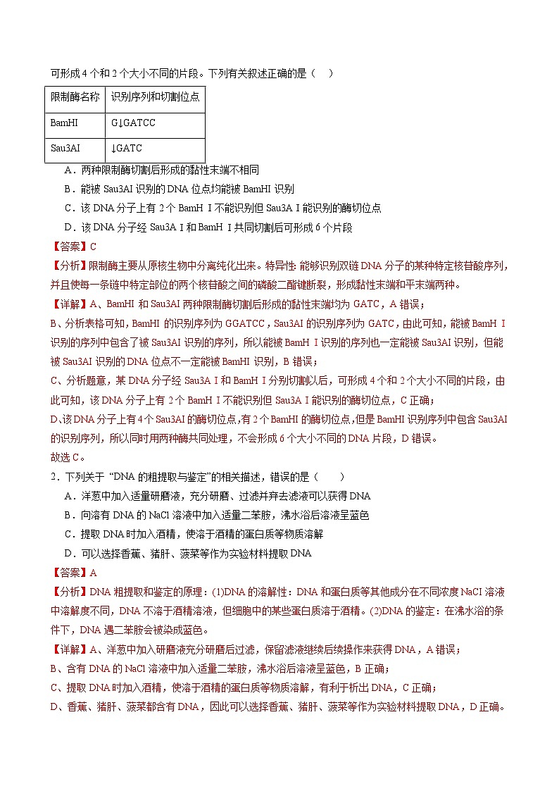 第42讲 基因工程以及生物技术的安全性和伦理问题（练习）（解析版）第2页