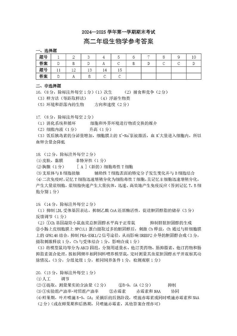 2024-2025学年第一学期期末考试高二年级生物学参考答案第1页